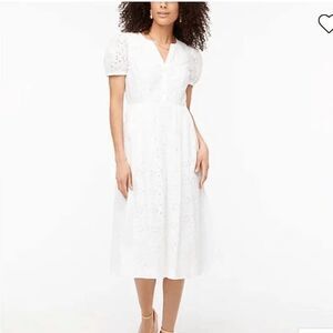 - J. Crew Eyelet Midi Dress Womens Sz 6 White Puff Sleeve V Neck Button Fr…